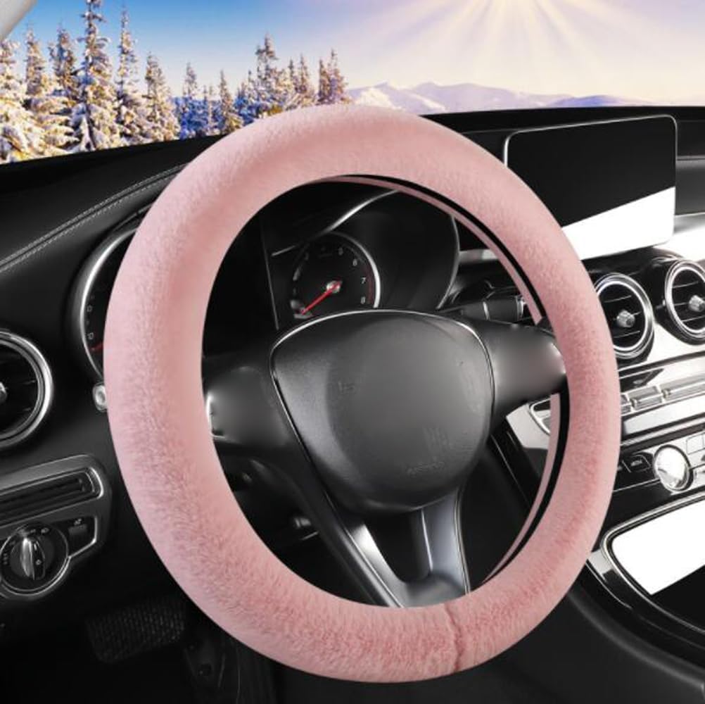 Soft Fuzzy Steering Wheel Cover for Men Women Anti-Slip Fluffy Universal 15 Inch Car Wheel Cover (Pink)