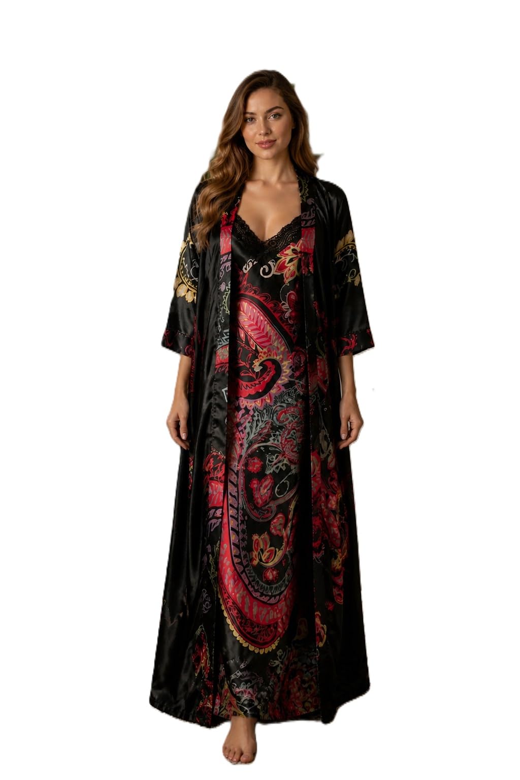 Women’s Satin 2 Piece Nighty & Robe Set | Soft Silky Long Nightgown with Matching Robe | Elegant Sleepwear Loungewear for Bridal Honeymoon Nightwear-image-18