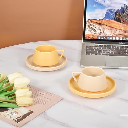 Miniatura 4 de Koythin Taza de café de cerámica con platillo, lindo y creativo plato con mango en forma de V para oficina y hogar, apto para lavavajillas y