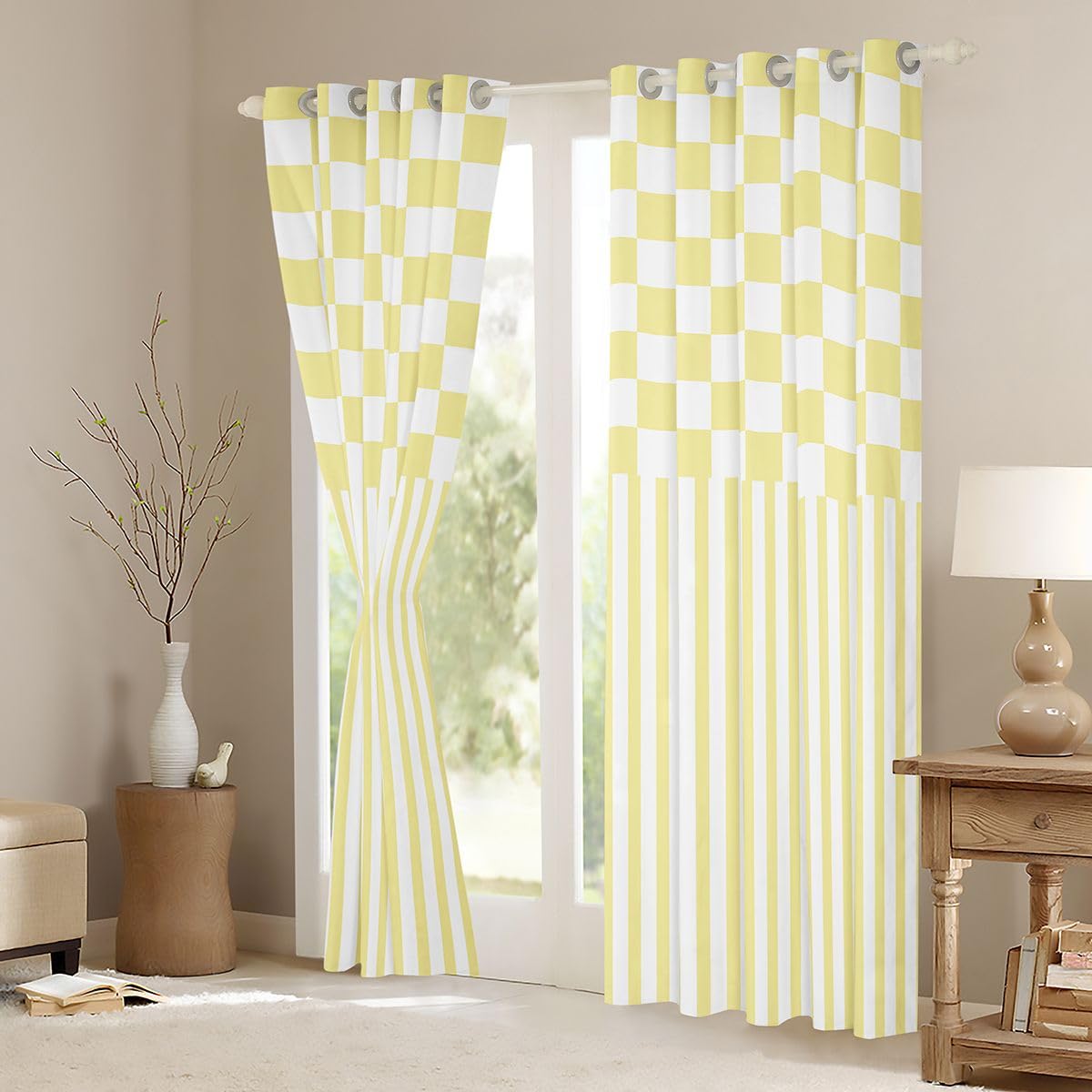 Homewish Żółte i białe zasłony zaciemniające w paski, 117 x 183 cm, w kratkę, zasłony na przelotkach do salonu, sypialni, prosty design, 2 panele, sztuka nowoczesna, estetyczna dekoracja