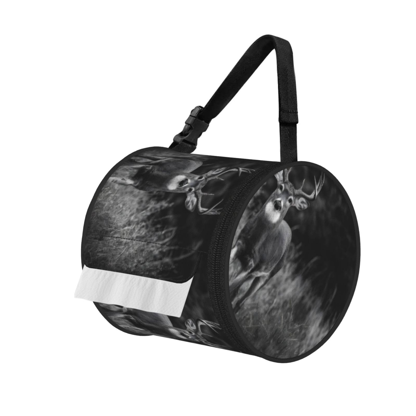 Free Whitetail Deer Printed Cylindrical Tissue Bag Portable Oxford Cloth, Foldable Travel Tissue Holder With Zipper And Adjustable Belt