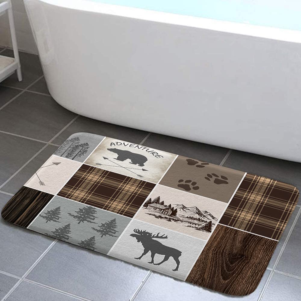 Cabin Rustic Bath Rugs for Bathroom, Bear Deer Country Hunting Wild Animal Lodge Plaid Check Adventure, Non Slip Flannel Bathroom Rug, Dry Fast Water