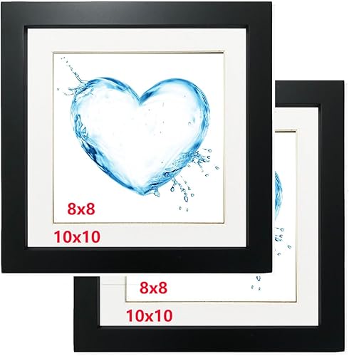 Portarretratos de 10 x 10 pulgadas, color negro con paspartú de 8 x 8 pulgadas, marco de madera maciza. Juego de 2. Panel de plástico (debe quitarse
