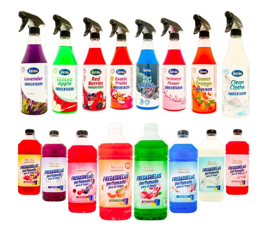 KIMIA - Pack Sensorial | 8 ambientadores concentrados de 750 ml + 8 fregasuelos de 2 L | Neutraliza olores | Limpieza profunda | Multisuperficie