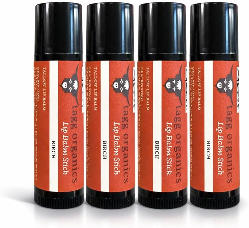 Bálsamo labial TAGG ORGANICS com sebo bovino, cera de abelha e fragrância de bétula — Pacote com 4, 0,15 oz