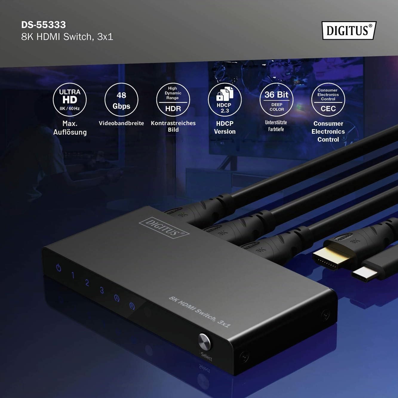 DIGITUS HDMI Switch 3x1 – 3 In 1 Out – UHD 8K 60 Hz – HDCP 2.3 & HDMI 2.1 | HDR, CEC, Deep Color, DTS, Dolby Digital, LPCM – Für TV, Monitor, Spielekonsolen