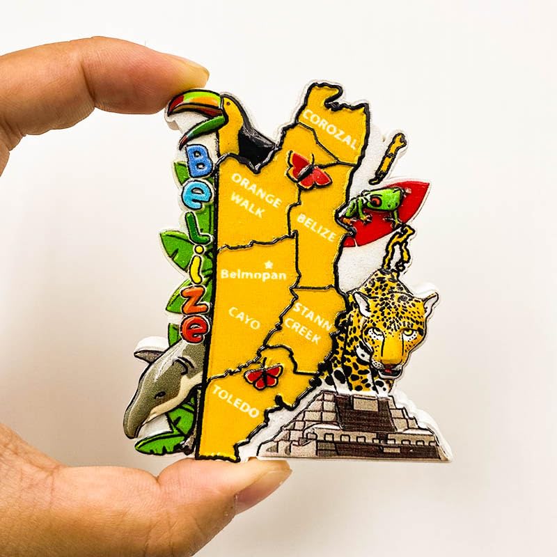 Imán decorativo mapa Belize 8cm x 7cm con Jaguar y Pirámide Maya miniatura 2