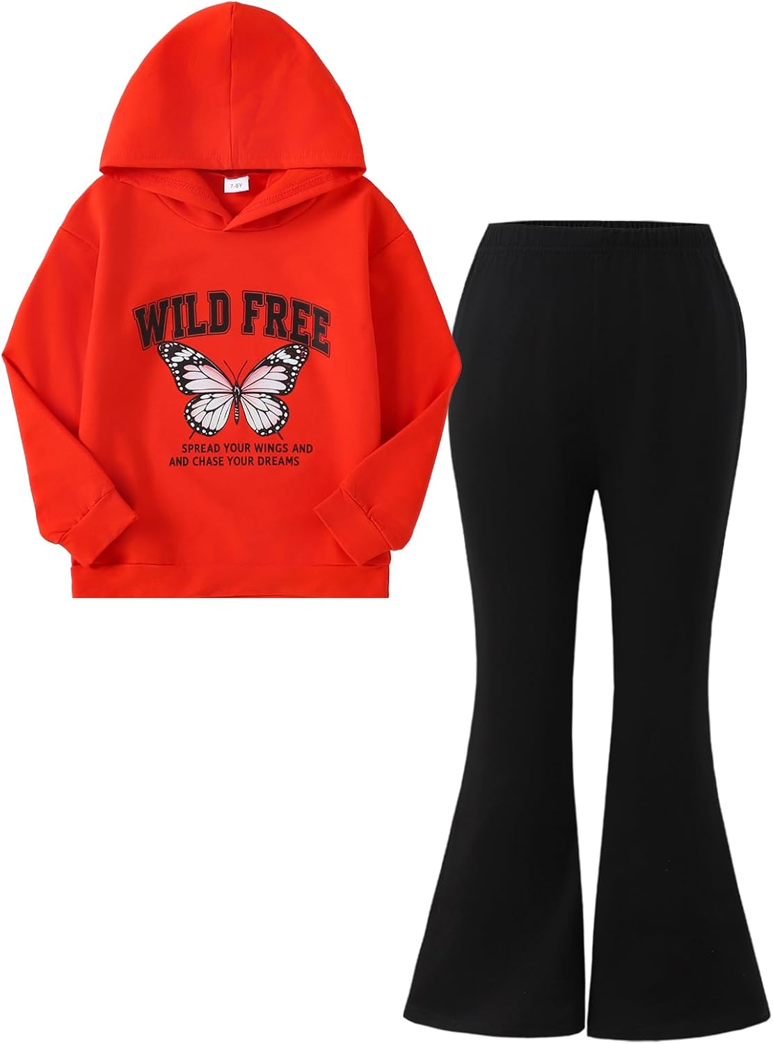 Girls Fashion Two-Piece Set Butterfly Print Hooded Sweatshirt & Solid Color Flared Pants Set Suitable For Ages 7-13