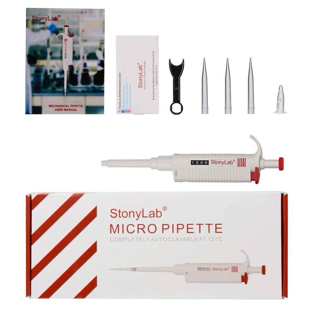 stonylab Controlador de Pipeta Monocanal, Micropipeta de Volumen Variable Ajustable con Cono de Punta Autoclavable, Single Channel Pipette para Investigación de Laboratorio, 100-1000µL
