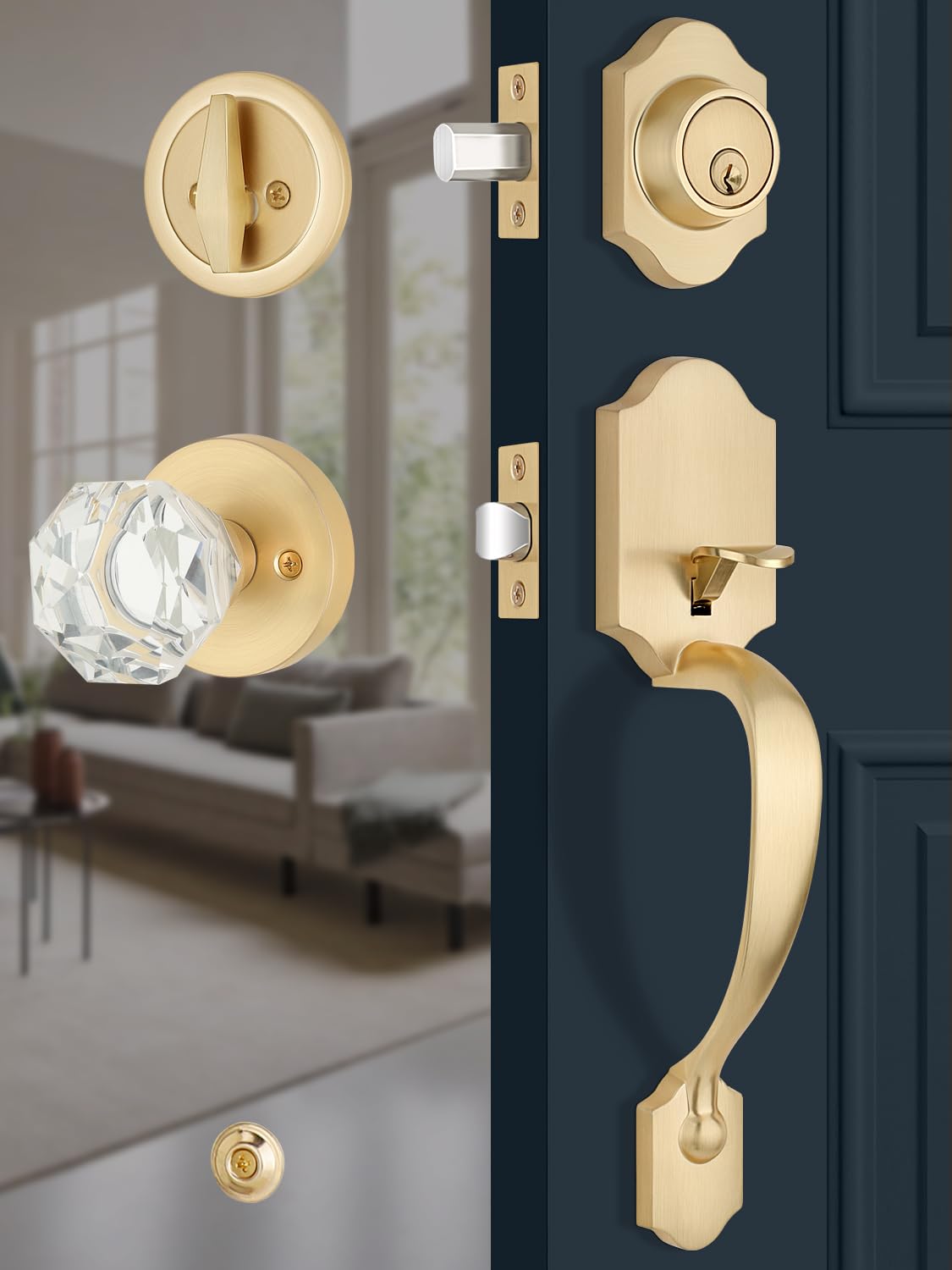 Photo 1 of EHOMEWARE 1 Pack Front Door Lock Set, Exterior Door Handle Gold, Entry Door Locksets with Deadbolt, Front Door Handle, Glass Door Knobs, Reversible for Left & Right Doors, Satin Brass Finish