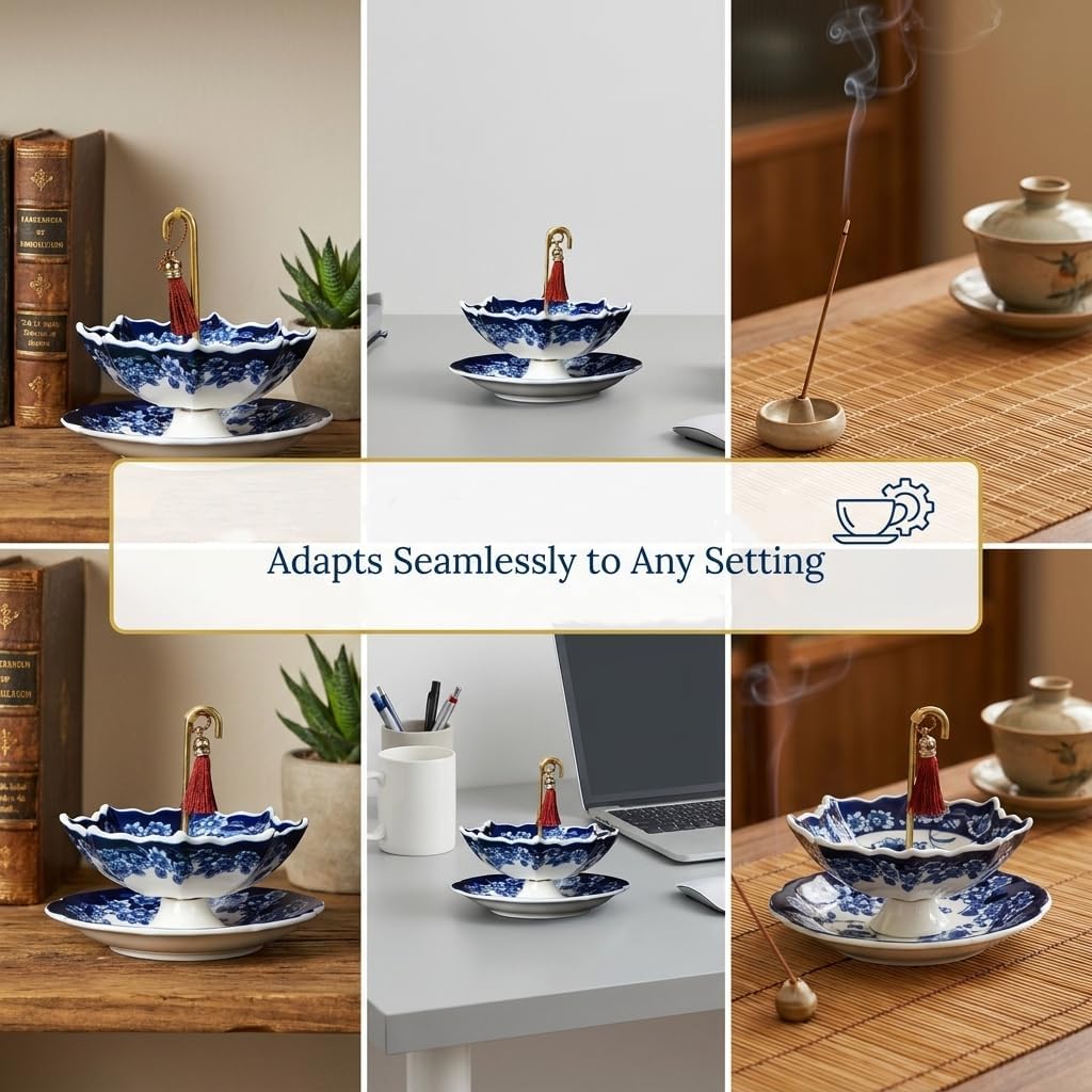Ceramic Tea Strainer with Drip Base - Umbrella Shape Blue and White Porcelain Loose Leaf Tea Filter - Traditional Chinese Kung Fu Tea Infuser for Brewing Clear Soup and Home Zen Decor (blue)