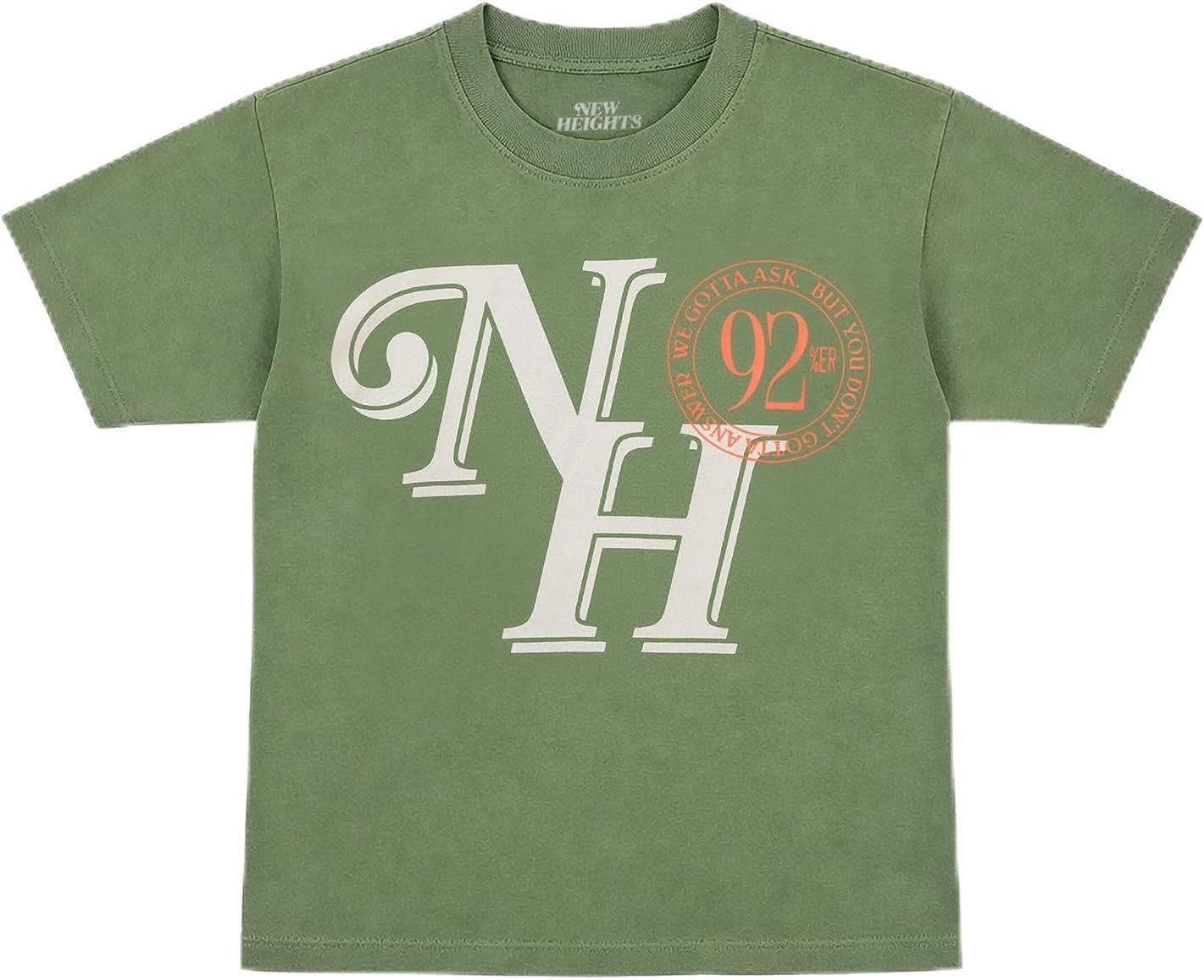 New Heights with Jason & Travis Kelce NH Monogram Graphic T-Shirt, 92% ers Logo Detail, Unisex Short Sleeve Tee, Sage Green
