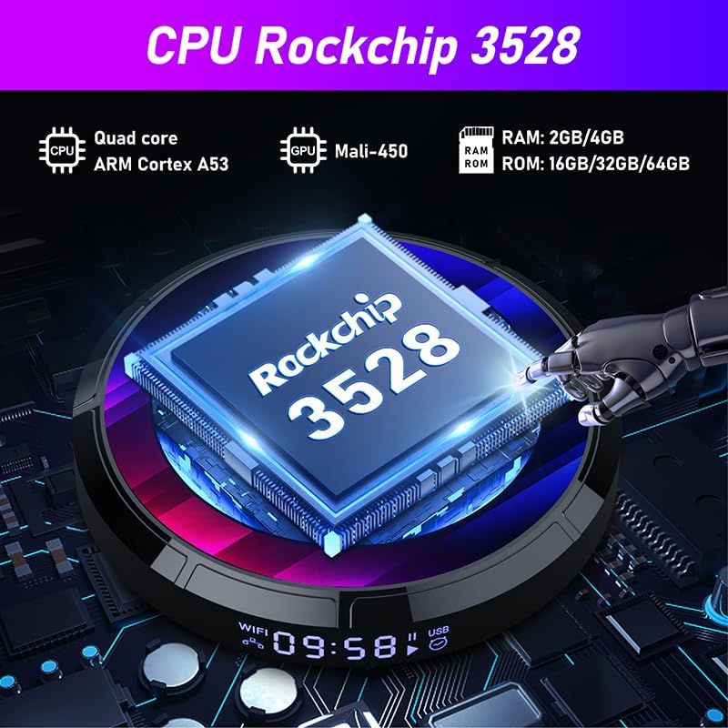 Szczegółowy view of the Rockchip 3528 CPU with specifications like Quad core ARM Cortex A53, Mali-450 GPU, and RAM/ROM options.