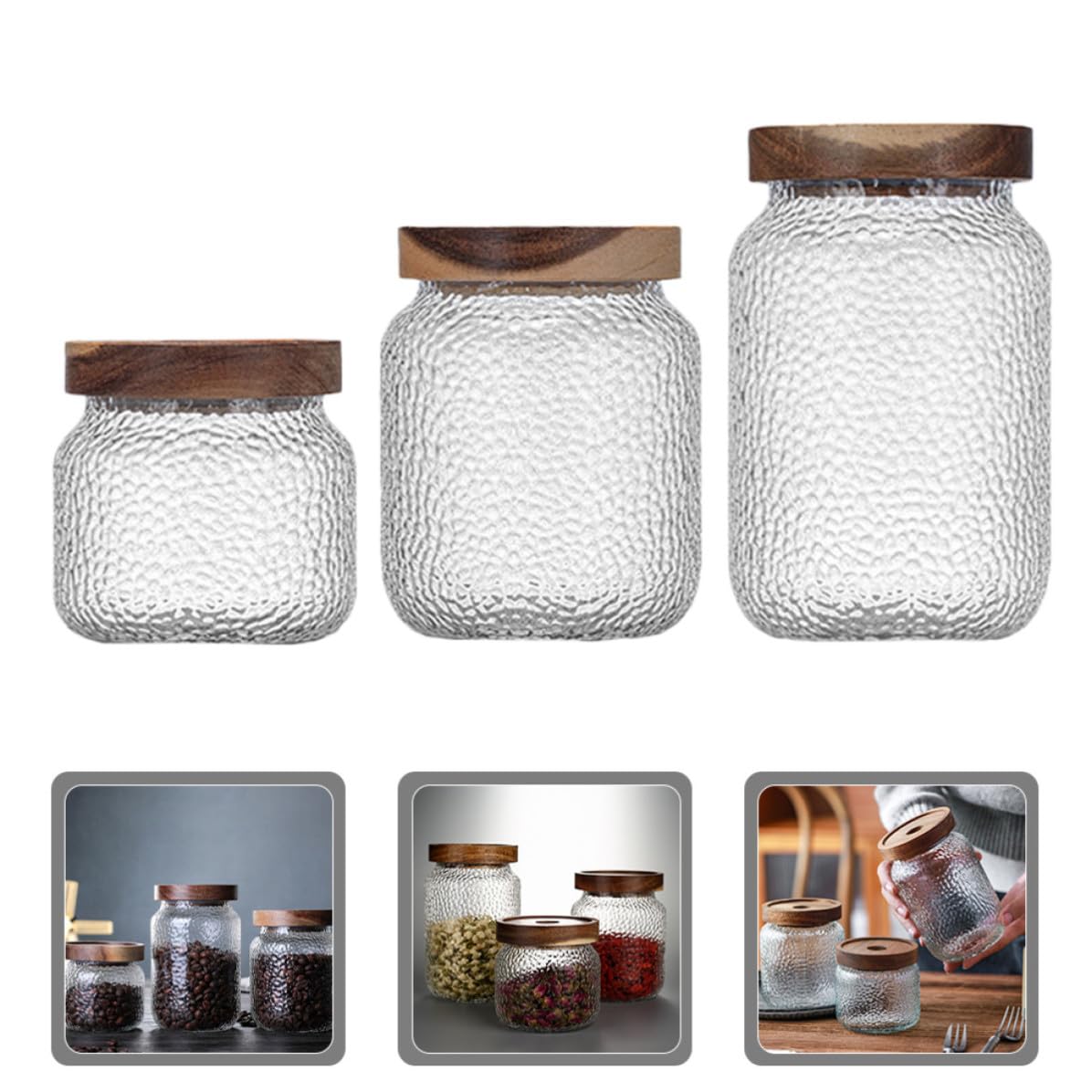 Tarros Herméticos Capacidad 350ml, 500ml y 700ml Juego de 3 de Vidrio con Tapa de Madera de Acacia Recipientes Multipropósito para Almacenamiento de Café y Té