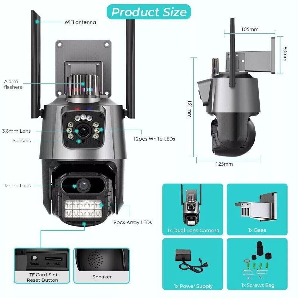 Telecamera IP 8MP 4K esterno WiFi PTZ 2 obiettivo doppio schermo 8X zoom CCTV Applicazione ICSEE 2 Pezzi