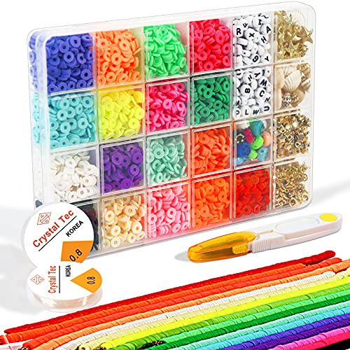 4250PCS Polymer Clay Beads for Bracelets,Flat Clay Heishi Beads with Pendant Charms Kit and 2 Roll Elastic Strings for DIY Jewelry Making Bracelets Necklace Earring(17 Colors Clay Beads)