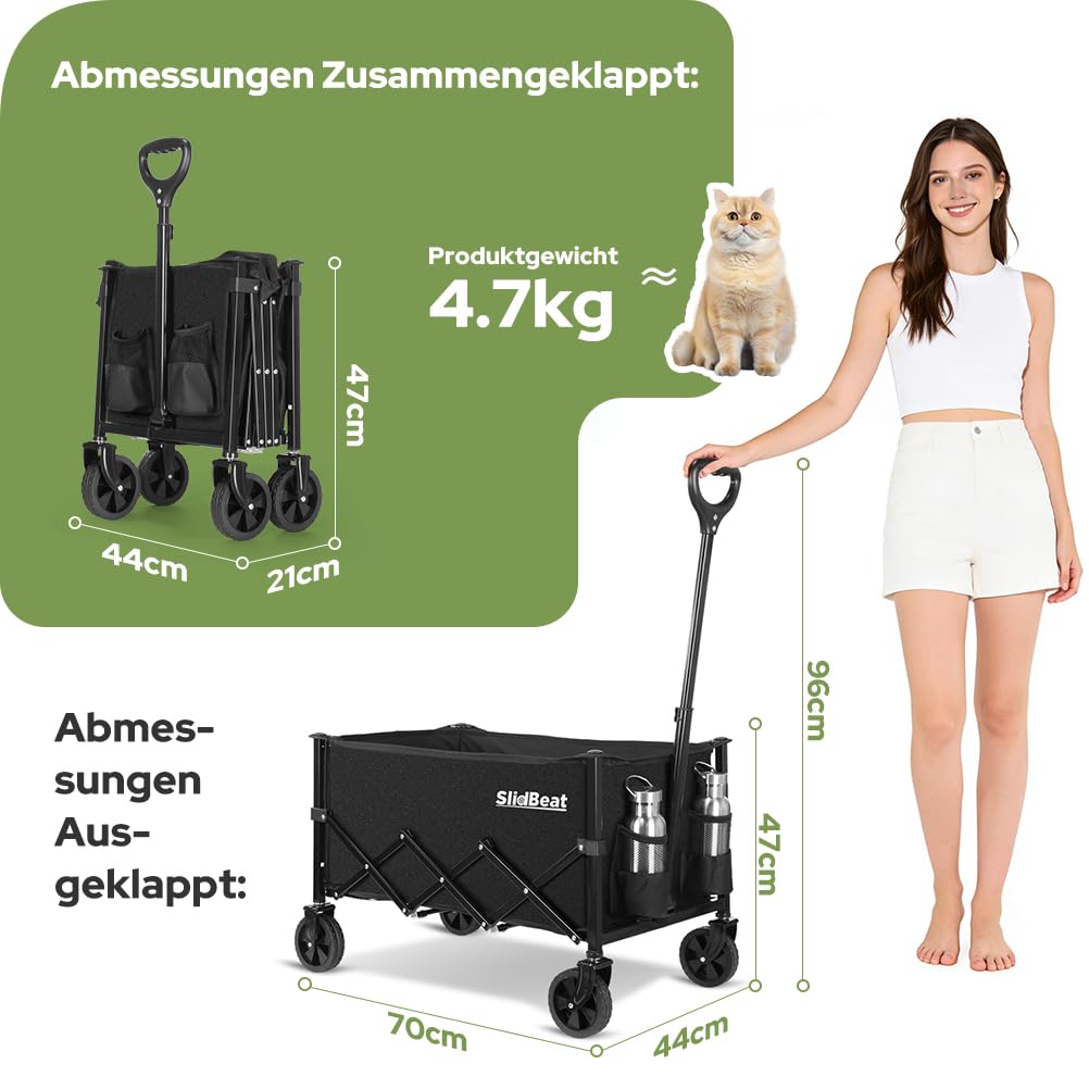SLIDBEAT Bollerwagen Faltbar 120L 100KG, Abnehmbarer Stoffbeutel Faltbarer Bollerwagen All Terrain Räder Verstellbarem Griff, Klappbollerwagen mit Getränkehalter Für Camping Outdoor Garten Shopping