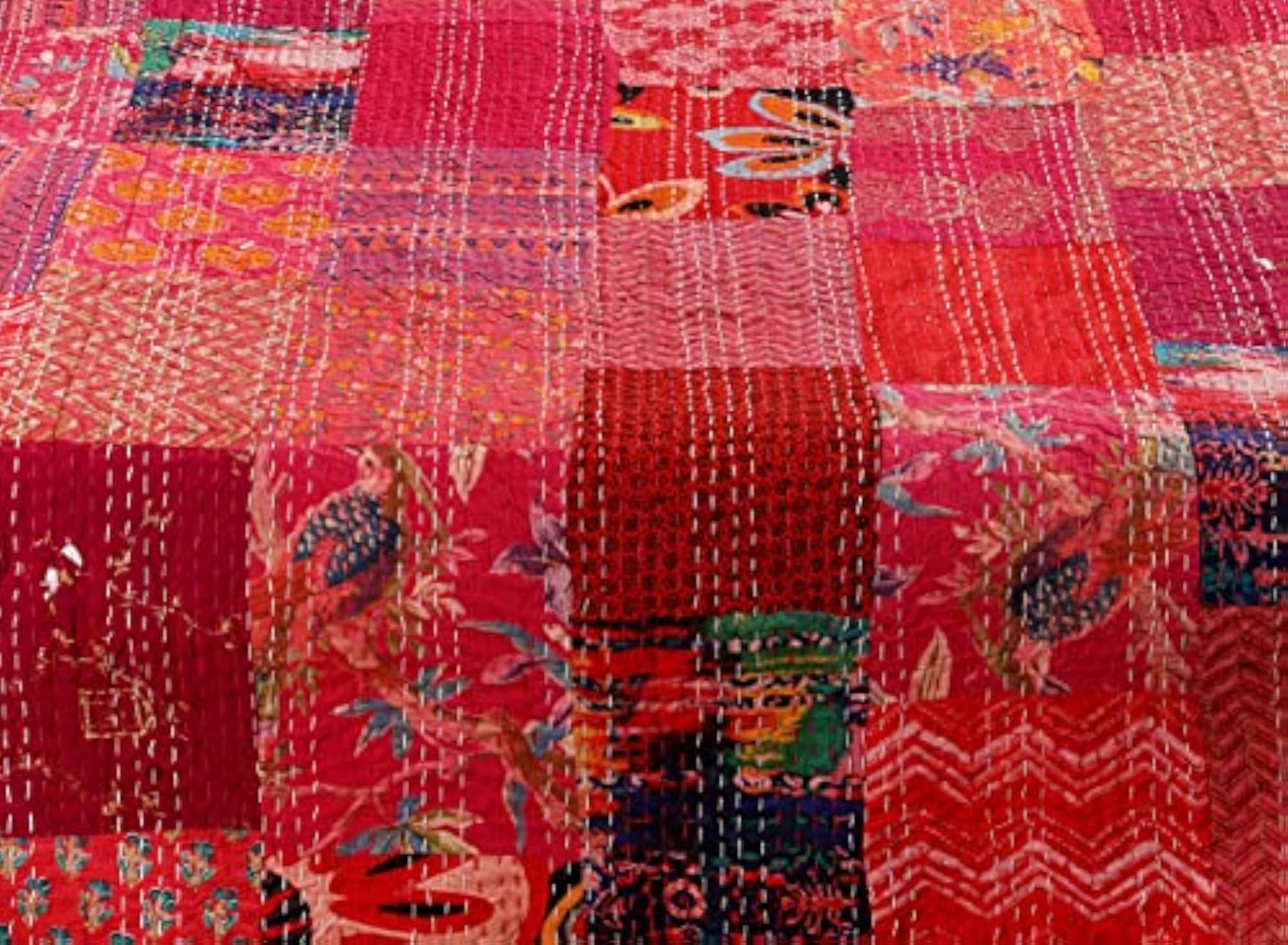 Red Patchwork Kantha Quilted Quilt Blanket
