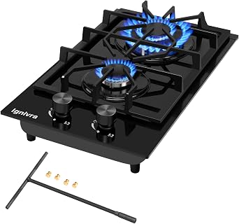 Gas Cooktop 2 Burner,12000W Built-in Gas Stove, Black Crystal Tempered Glass Propane Cooktop, 20.08x12.2 Top Propane Stove Indoor LPG/NG Dual Fuel Hob for Apartment Kitchen RV