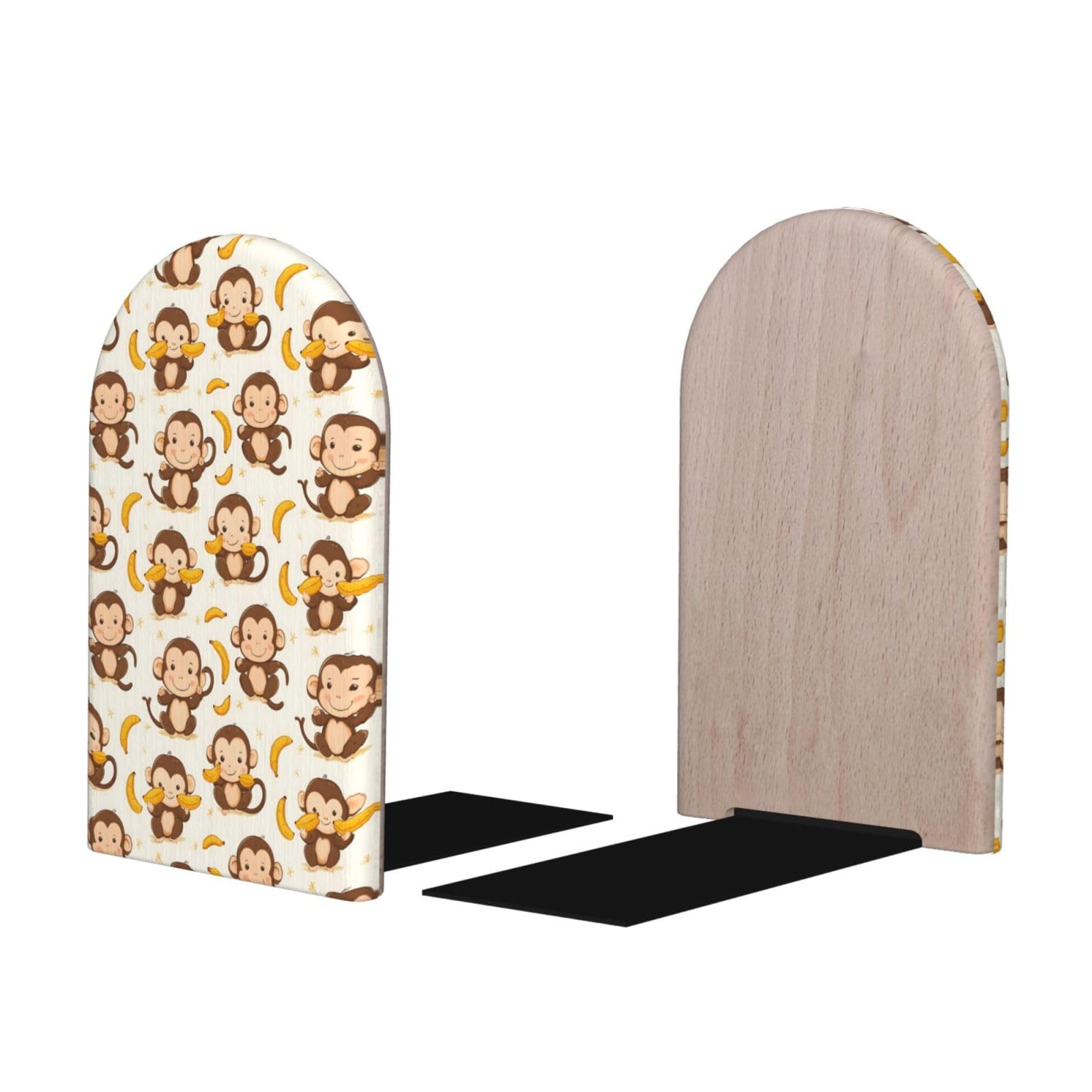 Cute Monkey Banana Print BookEnds 1 Pair, Decorative Bookends for Heavy Books, Wood Book Ends for Shelves, Book Organizer for Home Desk Office Supplies