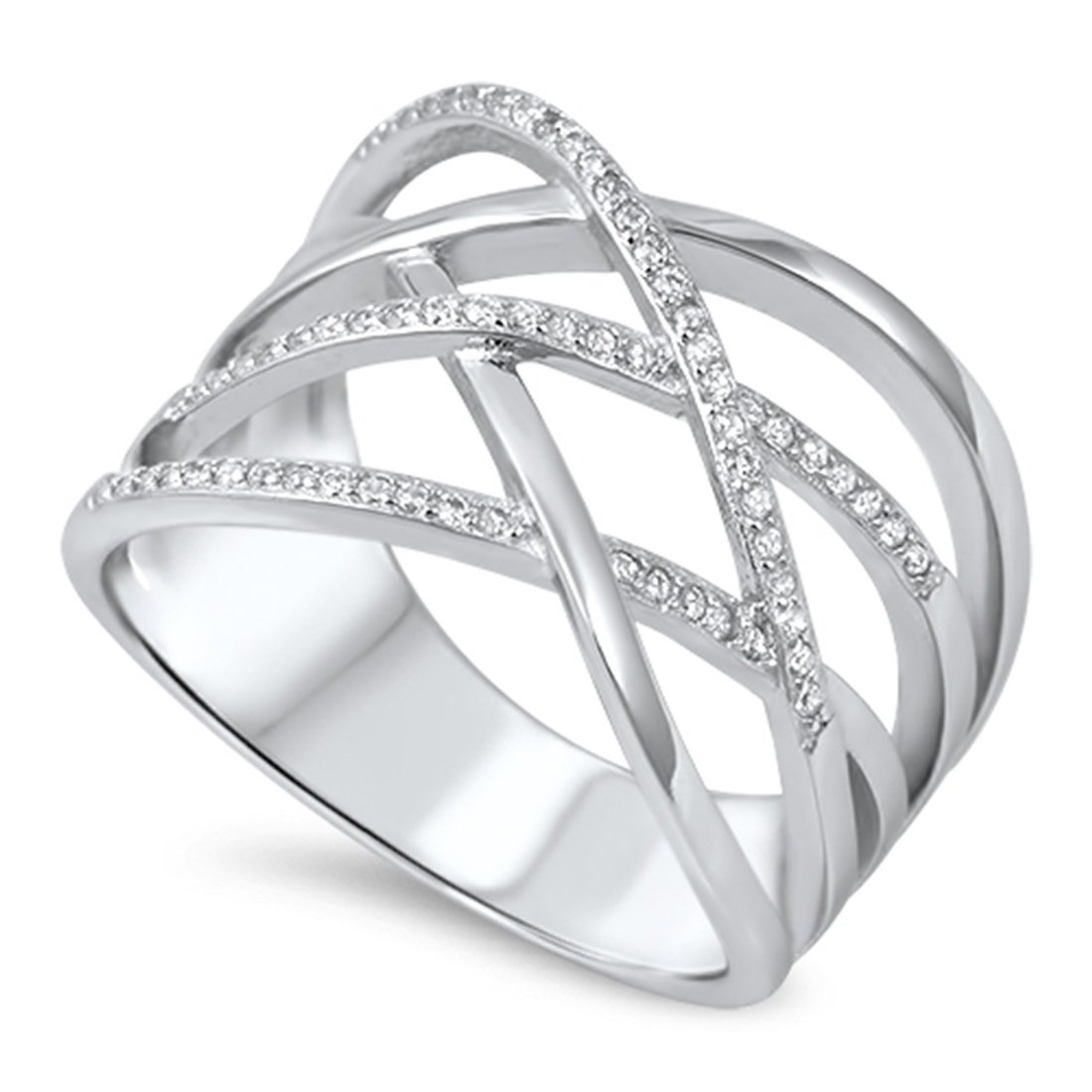 Blue Apple Co. Trendy Fashion Crisscross X Crossover Weave Ring Round Pave Cubic Zirconia 925 Sterling Silver
