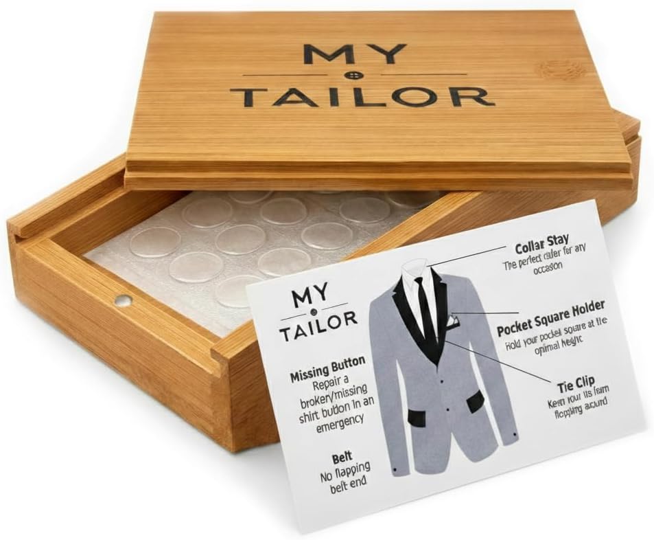 Collar Stay Stickers for Men Women - Double Sided Fashion Tape - Shirt, Tie and Belt Anchor - Button Repair - with Magnetic Luxury Bamboo Storage Box (66 Pack)