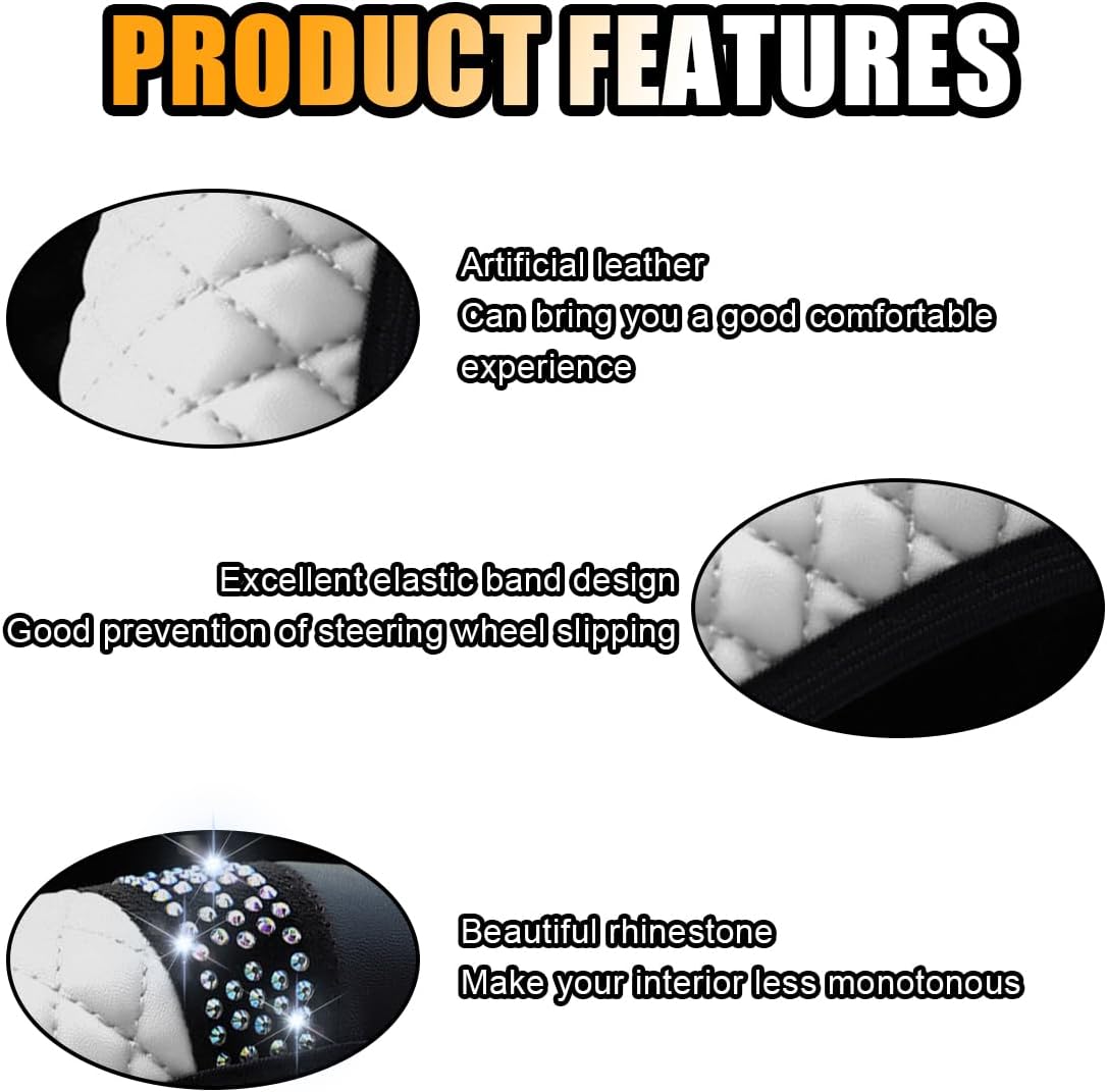 JOYCOURT 15 Inch Bling Soft Leather Car Steering Wheel Cover, White image 4