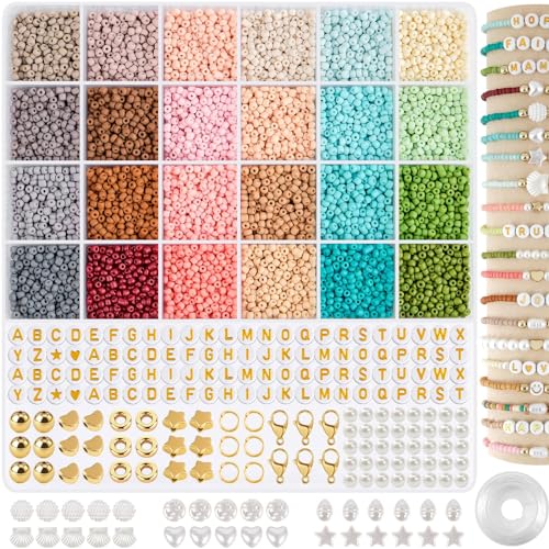 TEXGIZRLY 3mm Glass Seed Beads for Jewelry Making, Friendship Bracelet Making Kit for Girls Adults, 24 Colors Bead Bracelet Kit for DIY Crafts Gifts