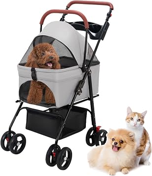 Pet Stroller, Folding Dog Stroller, 4-Wheel Pet Travel Carrier for Small/Medium Pets, Lightweight & Compact