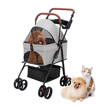 Pet Stroller, Folding Dog Stroller, 4-Wheel Pet Travel Carrier for Small/Medium Pets, Lightweight & Compact