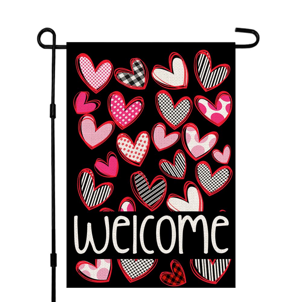 Valentines Day Love Heart Garden Flag 12×18 Inch Burlap Double Sided, Welcome Valentine sign Farmhouse Yard Outdoor Decoration DF176
