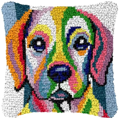 Image of YOOLOOKY Latch Hook Pillow Kits for Adults Beginners Pre-Printed Canvas Embroidery Cushion for Home Sofa Decoration 17x17inch (Dog)