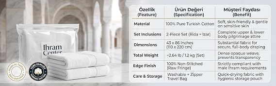 Ihram for Umrah Men, Hajj and Umrah Ihram for Men,100% Cotton Set 2-Piece, Breathable Washable Quick Drying, Soft Non-Stitched 43 x 86 Inch - 110 x 220cm Ehram Ahram