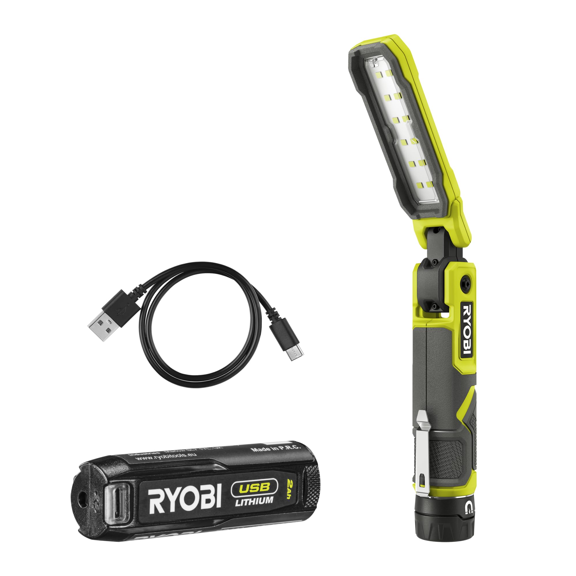 RYOBI 4 V USB-LITHIUM Akku-Stableuchte RLI4-120G, klappbar, 650 Lumen, inkl. 1 x 4 V 2,0 Ah Lithium Akku und Ladegerät
