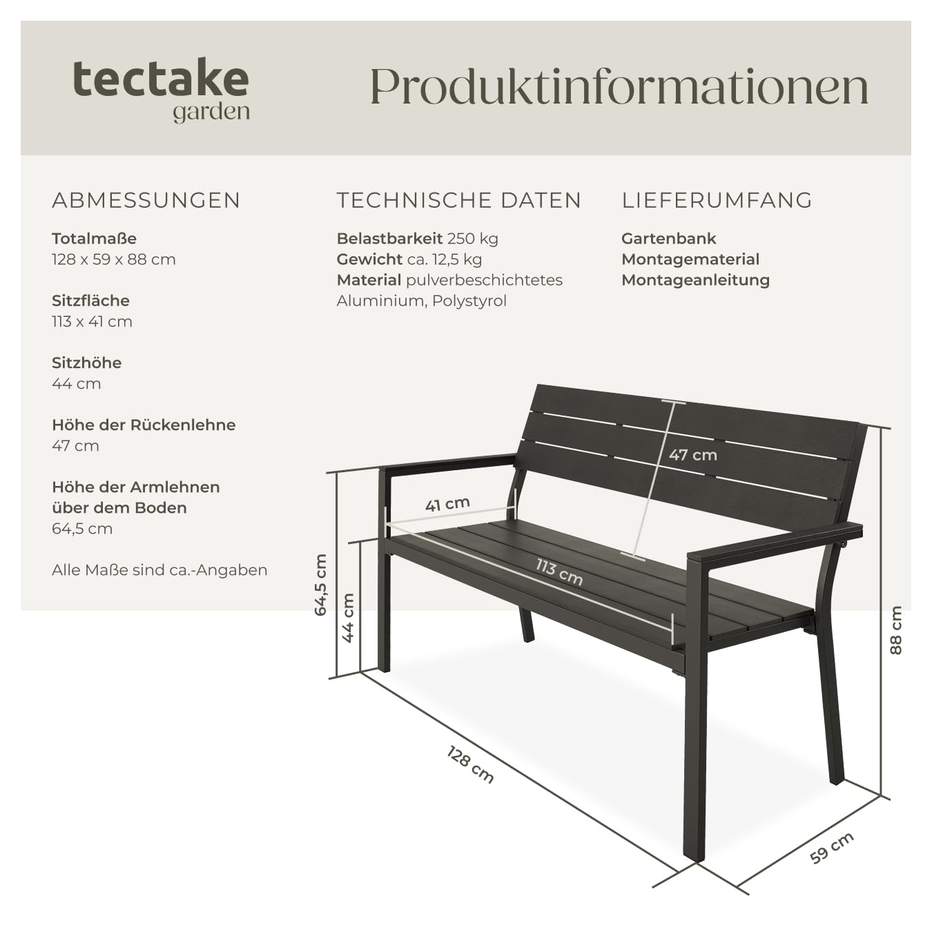 tectake® Gartenbank, Bank in Holzoptik mit Aluminium Rahmen, Gartenmöbel, Balkonbank Sitzbank für Wintergarten, Terrasse, Garten, bis 250kg belastbar, 2-Sitzer Parkbank, 128 x 59 x 88 cm - dunkelgrau