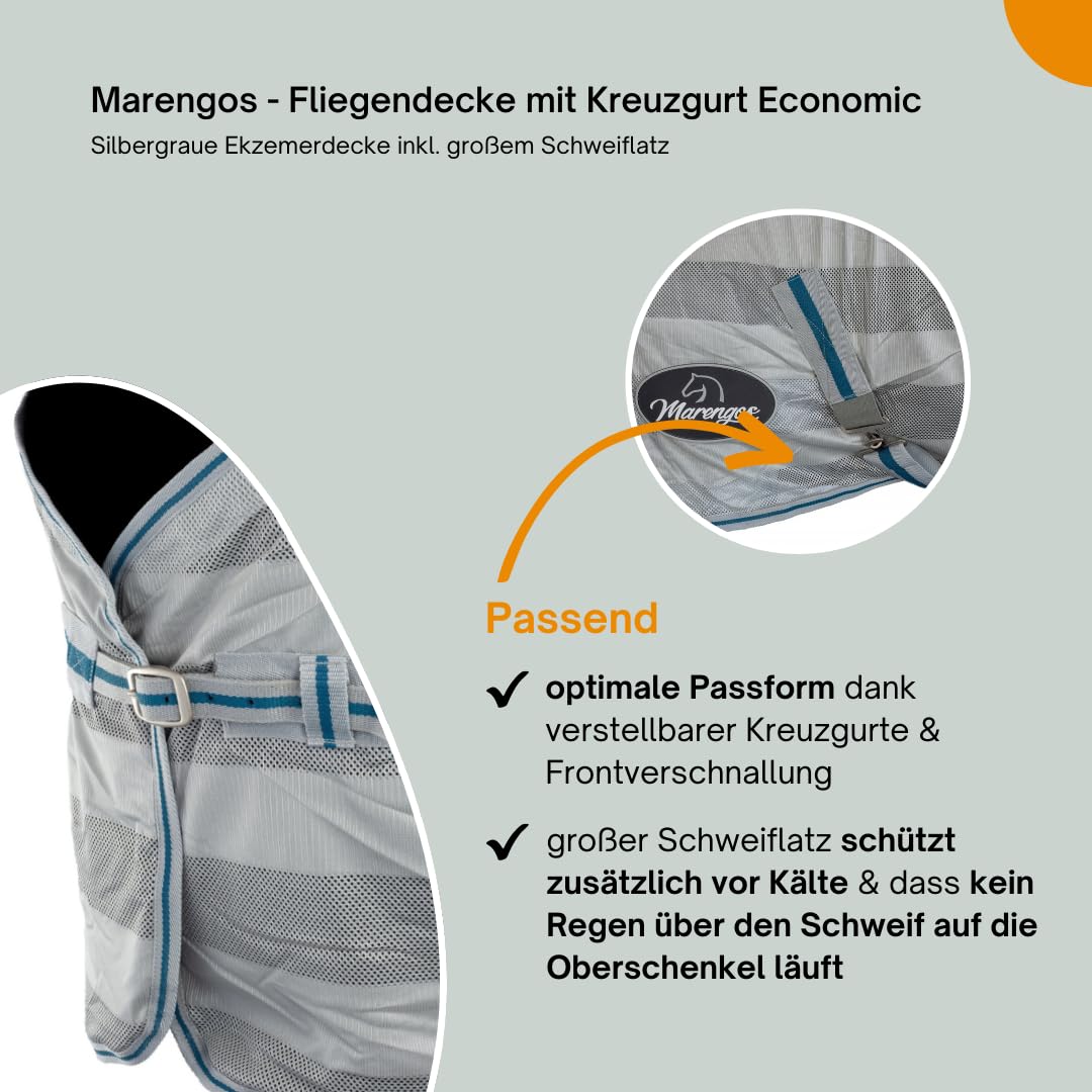 Marengos - Fliegendecke mit Kreuzgurt Economic – Schutz vor Insekten & Plagegeistern – Ekzemerdecke inkl. großem Schweiflatz – Verstellbarer Kreuzgurt – Pferdedecke in Silbergrau – 155 cm