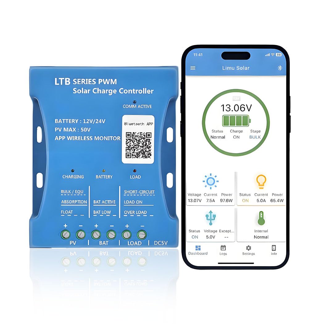 Y&H 20A Bluetooth regulator PV max 50V Bluetooth Solar Controller 12V/24V Solar Panel Controller Intelligent PWMs for Lead Acid, LiFePO4, Lithium Batteries