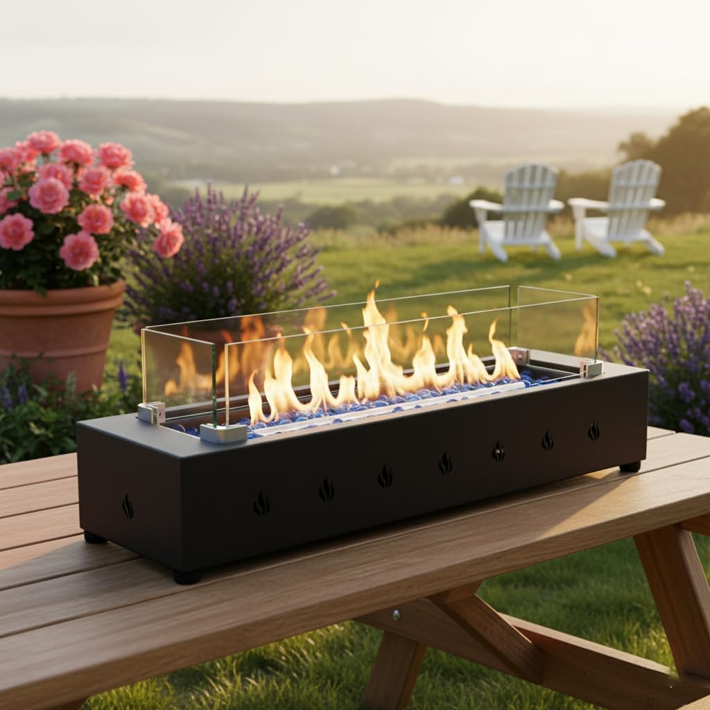 28-Inch Rectangle Propane Fire Pit: 40000BTU Outdoor Heating with Wind-Resistant Tempered Glass & Volcanic Rock Design - Compact Iron Firepits for Urban Rooftop Gardens & Small Gatherings