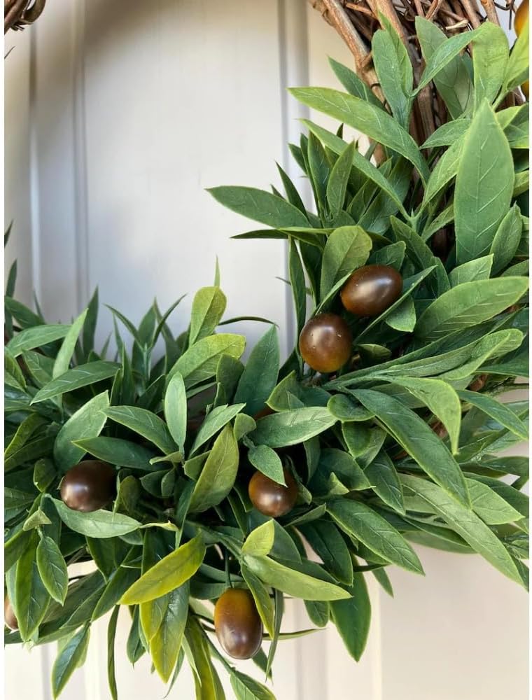 Handcrafted Olive Branch Wreath, Rustic Grapevine Wreath with Realistic Greenery, 16 Inch All Season Front Door Wreath for Indoor Outdoor Home Decor