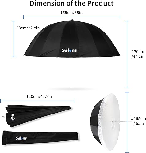 Miniatura 12 de Selens Paraguas parabólico de 41 pulgadas con cubierta difusora, plegable, negro/plata, 16 varillas, paraguas reflectante para estudio fotográfico