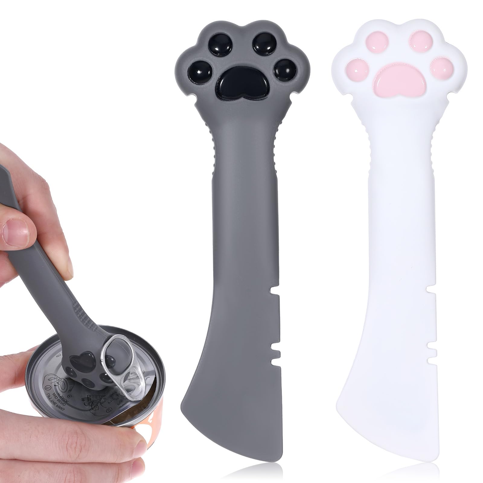 2PCS Cat Food Spoon, Reusable Cat Paw Pet Foods Can Opener with Spoon, Silicone Pet Foods Spatulas for Cats and Dogs, Cute Pet-Can Opener Spatula Scoop for Wet or Dry Food (White, Gray)