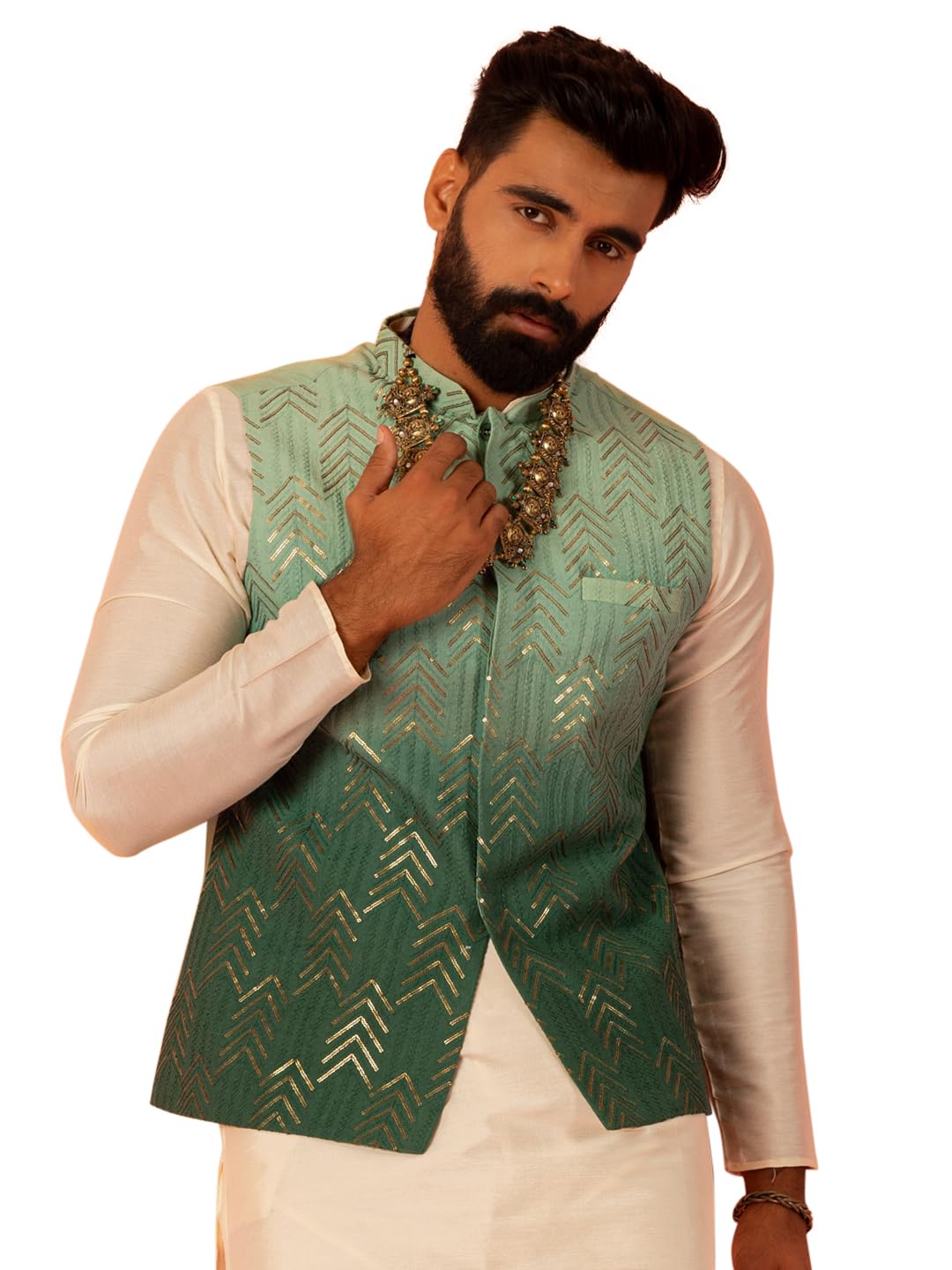 kisah Men's Nehru Jacket, Green Cotton Blend, Embroidered Regular Fit Mandarin Collar Long Sleeves | Traditional Wear for Men-picture-38
