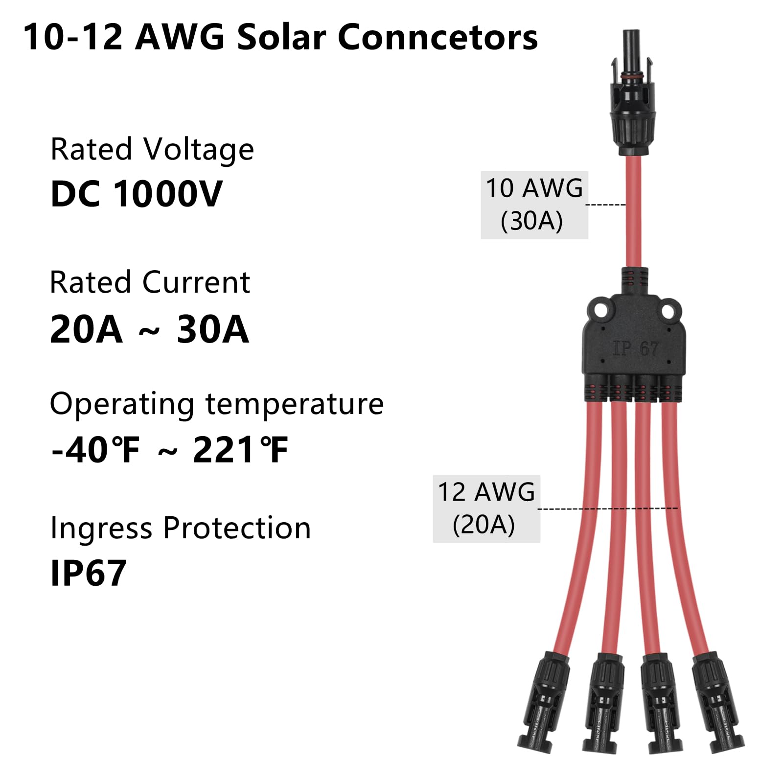 4 do 1 złącza paneli słonecznych Y rozgałęzione uniwersalne złącza solarne 10AWG (czerwone i czarne)