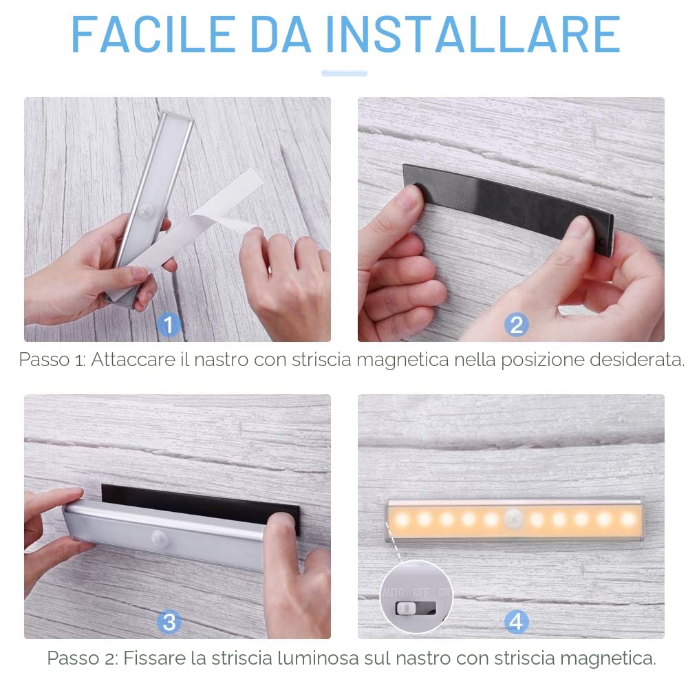 OUSFOT Luce con Sensore Di Movimento, 10 LED Luce Sottopensile Cucina LED 2 pezz Magnetica Ricaricabile Luci Armadio Adatto per Scale, Corridoi, Cucine Emergenze in Garage