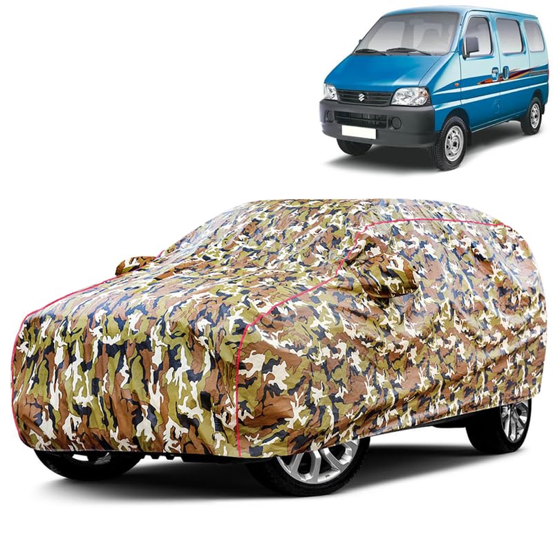 Image of Waterproof Car Body Cover for Maruti Suzuki Eeco - Dust & UV Proof with Mirror Pocket and Soft Cotton Lining (Full Bottom Elastic & Triple Stitched) (Military Jungle Print, Camouflage Design)