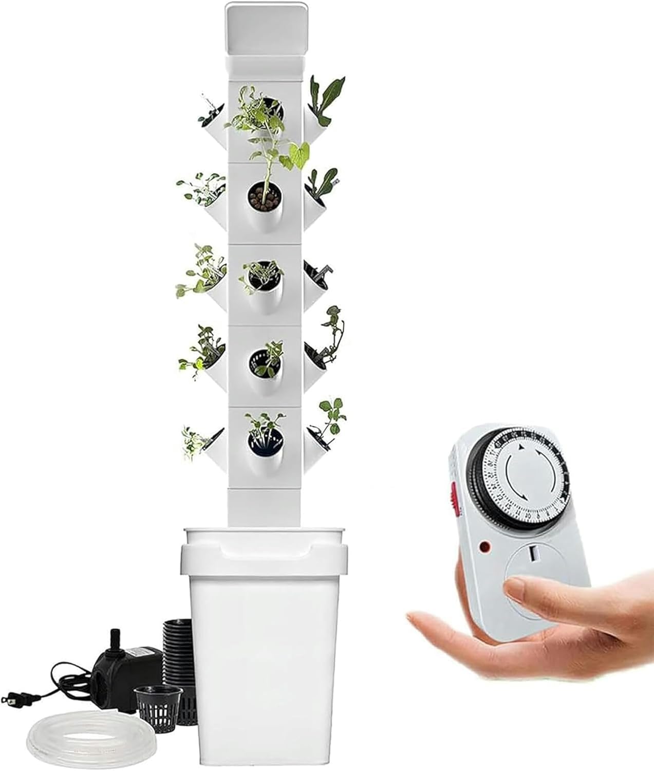AMNOOL Hydroponics Growing System 24 Pods Vertical Hydroponics Tower Smart Garden Planter Germination Kit Aeroponics Growing Kit with Hydrating Pump, Adapter, Net Pots, Timer for Herbs,Ve