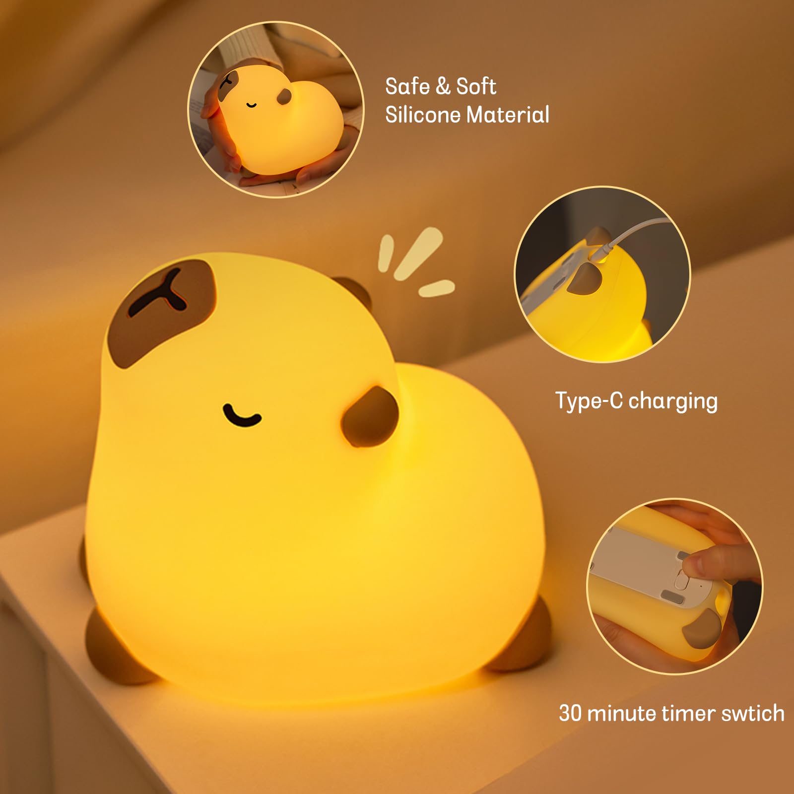 Capybara Luz de Noche,Lámpara LED táctil de silicona,Luz de noche regulable con temporizador,Lámpara de noche recargable,Decoración de habitación,Regalo para niño y niña(Capybara)