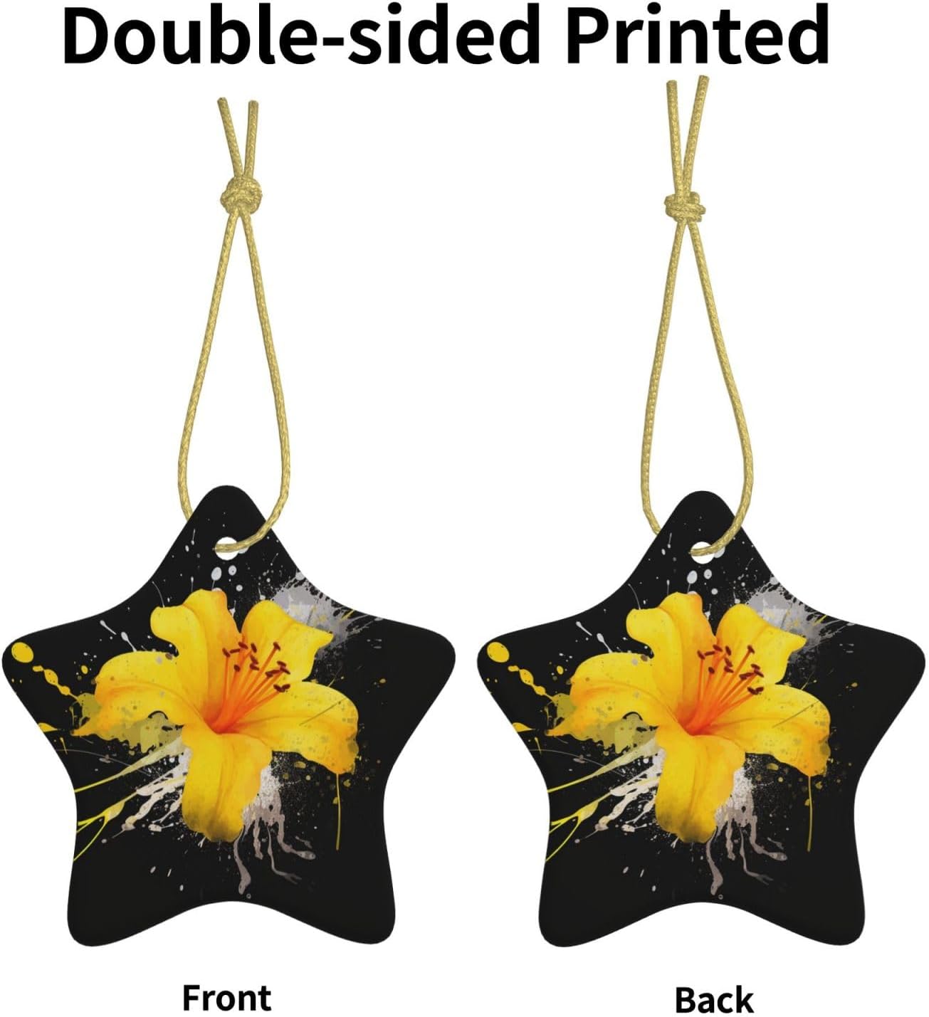 Christmas Ornaments Ceramic Star Shaped Christmas Hanging Ornament Double-Sided Flower with Yellow Splashes Print Christmas Tree Pendants for Xmas Tree Fireplace Party Holiday Wedding