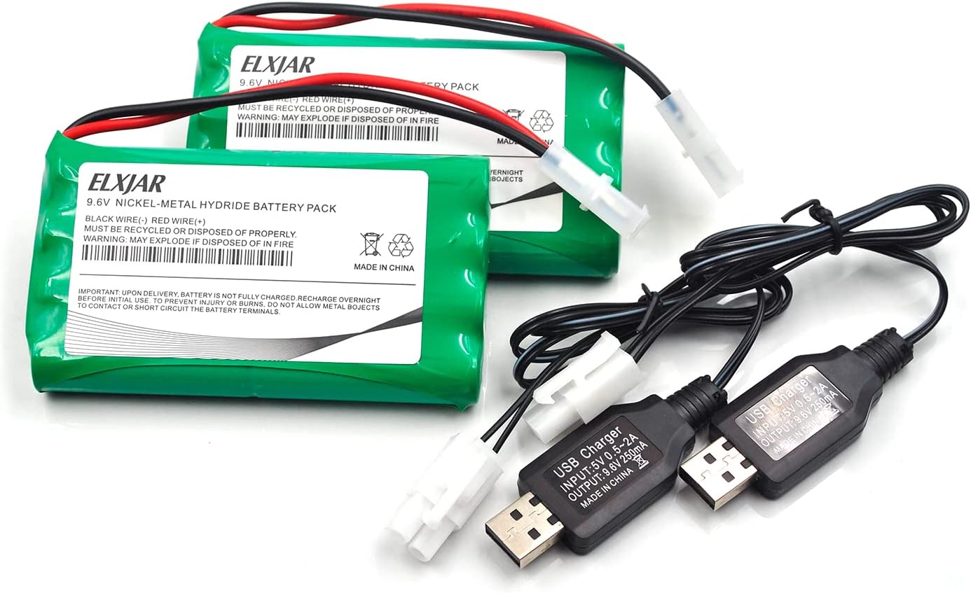 (2-Pack) 9.6V 2000mAh Ni-MH Rechargeable Battery Pack for RC Cars Trucks Boats Tanks Lionel Trains Tyco Nikko Vehicles with Tamiya Plug & USB Cable