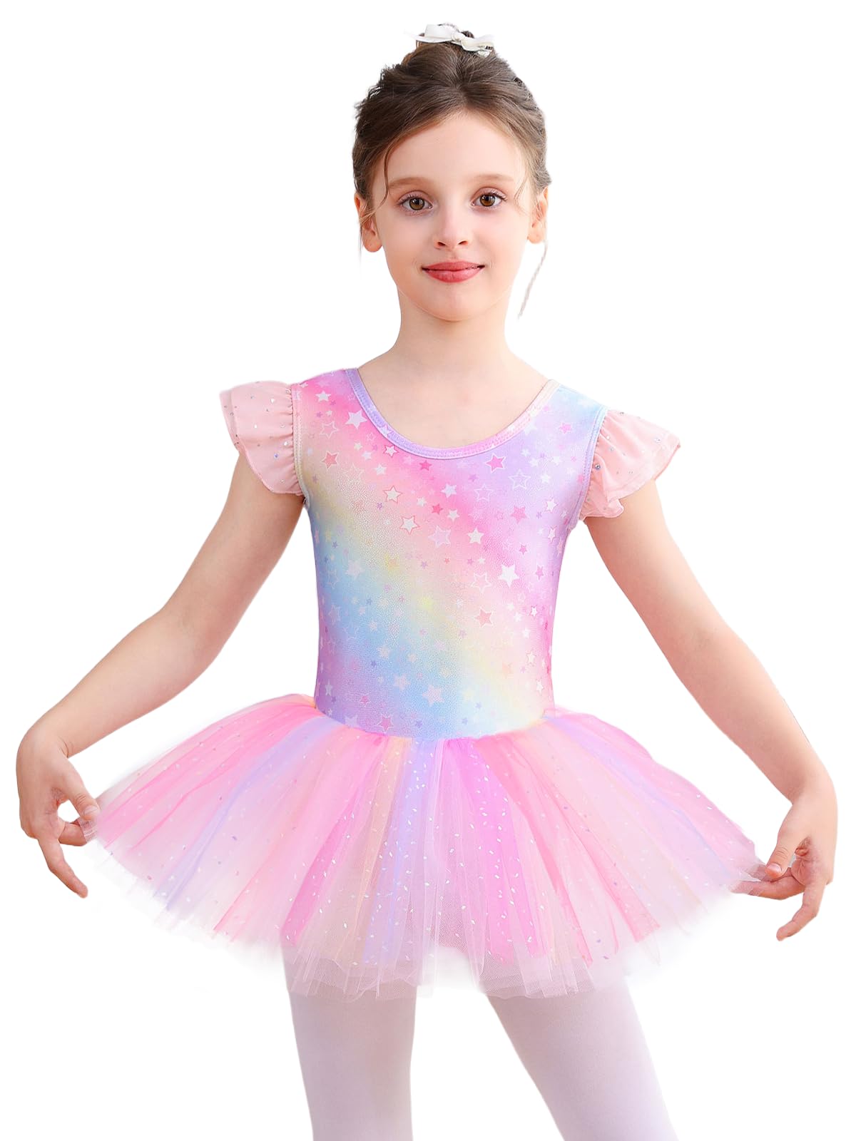Justaucorps Danse Fille avec Jupe Tutu Danse Classique Brillante Tenue Ballet Manches Courtes